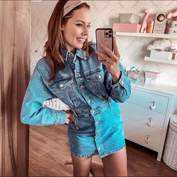 Zara Blue Denim Button-Front Mini Dress Jacket - Picture 4 of 8